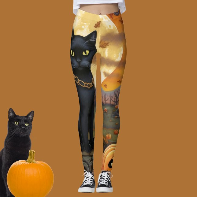 Black Cat Underneath a Harvest Måne och Pumpkins Leggings (Black cat and harvest moon Halloween leggings for your costume and trick or treating! )