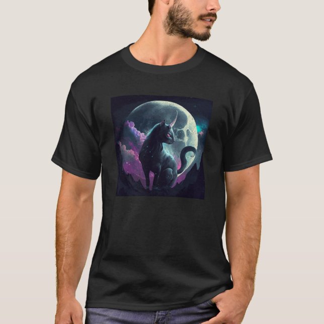 Black Cat Unicorn Moon T Shirt (Framsida)