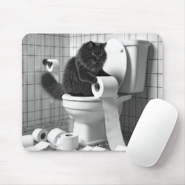 Black Cat Unraveling a Roll of Toilet Papper Musmatta (Med mus)