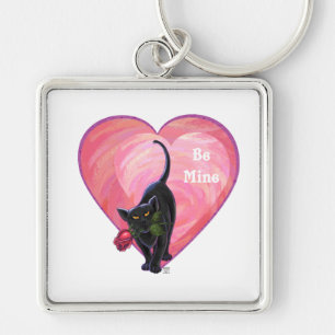Black Cat Valentine Day Fyrkantig Silverfärgad Nyckelring