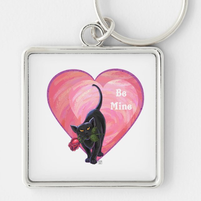 Black Cat Valentine Day Fyrkantig Silverfärgad Nyckelring (Framsidan)