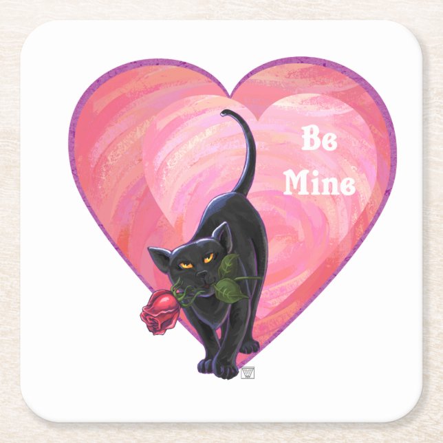 Black Cat Valentine Day Underlägg Papper Kvadrat (Framsidan)