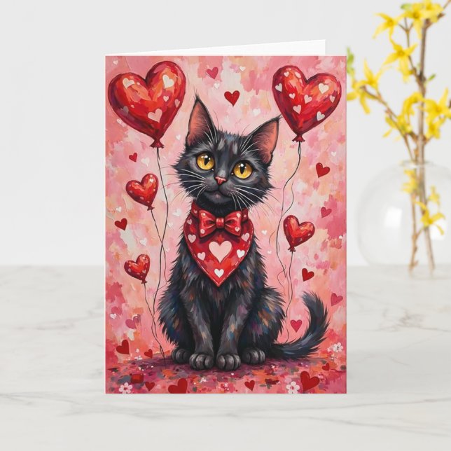 Black Cat Valentine Sitting with Hearts Red Kort (Gul blomma)