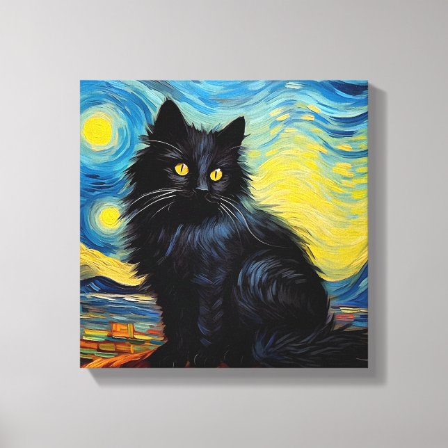"Black Cat Van Gogh Himmel Canvastryck (Framsida)