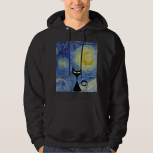 Black Cat Van Gogh Starry Night Museum Älskare Awe Hoodie
