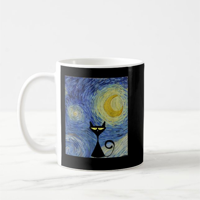 Black Cat Van Gogh Starry Night Museum Älskare Awe Kaffemugg (Vänster)