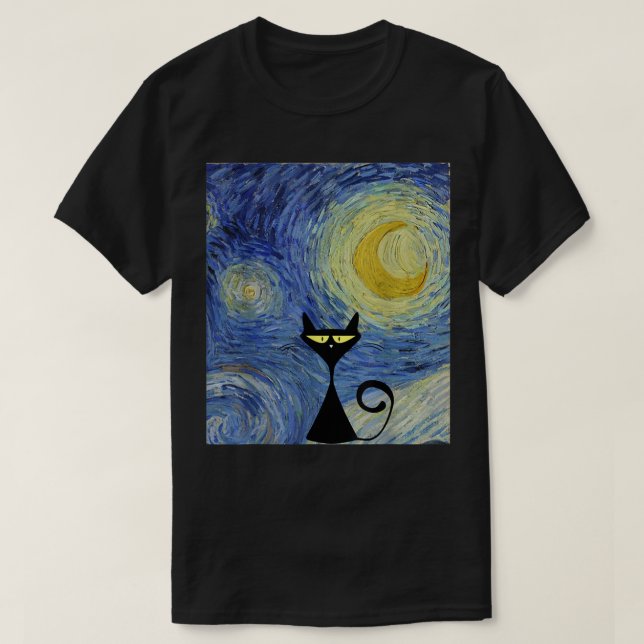 Black Cat Van Gogh Starry Night Museum Älskare Awe T Shirt (Design framsida)