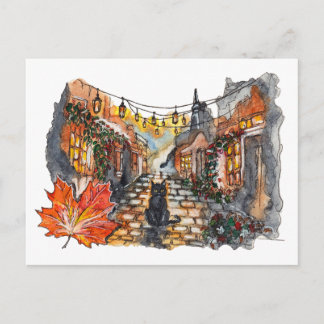 Black Cat Village Road Halloween Watercolor Vykort