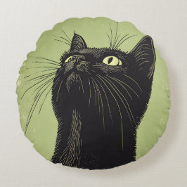 Black Cat Vintage Lino Print Round Cushion Rund Kudde