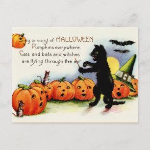 Black Cat vycard, singing Pumpkins, Halloween Vykort
