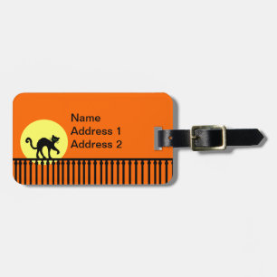 Black Cat Walking on Fence Gult Måne Orange Bagagebricka