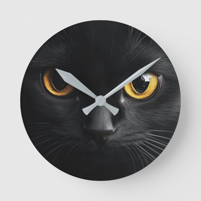 Black Cat Wall Clock with Striking Yellow Eyes - M Rund Klocka (Framsida)