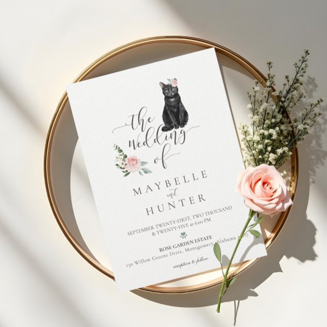 Black Cat Watercolor Pet Blommigt Rosa ros Bröllop Inbjudningar (Black Cat Watercolor Pet Floral Pink Rose Wedding Invitation)
