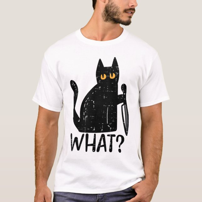 Black Cat What Knivar Funny Murderous Halloween T Shirt (Framsida)