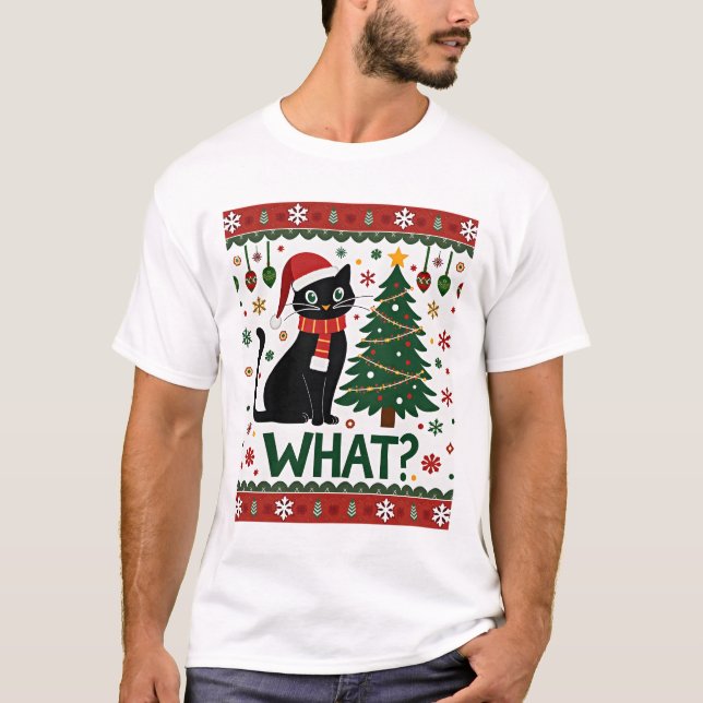 Black Cat What Pushing Christmas Tree Funny Cat Xm T Shirt (Framsida)
