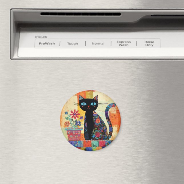 Black Cat Whimsical Artwork Magnet (In Situ (Dishwasher))