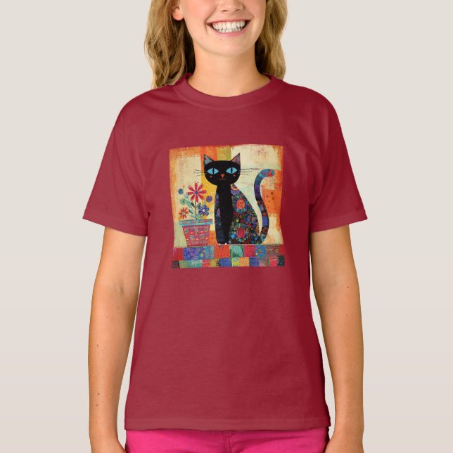 Black Cat Whimsical Artwork T Shirt (Framsida)