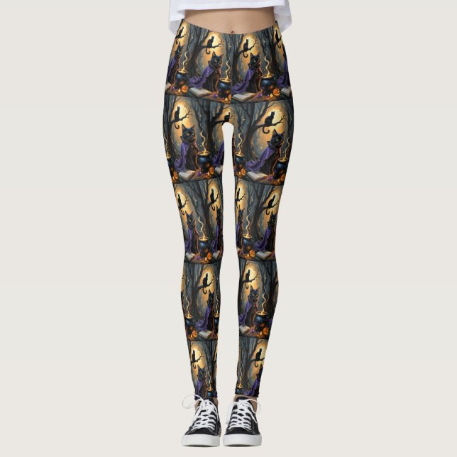 Black Cat Whimsical Halloween-målning Leggings (Framsida)