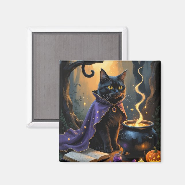 Black Cat Whimsical Halloween-målning Magnet (Front/Back)