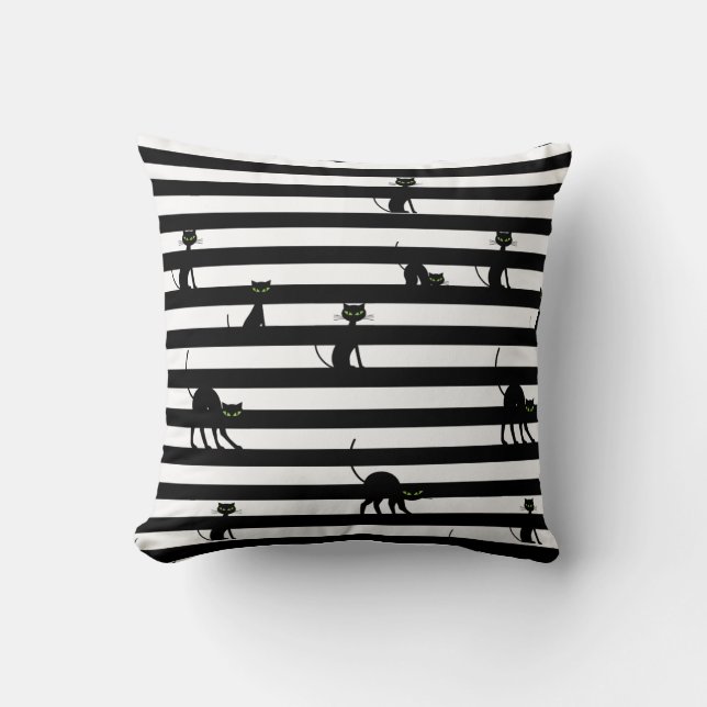Black Cat & White Rand Chic Halloween Kudde (Framsida)