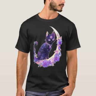 Black Cat Witch Crescent Måne Witchy Crystal Paste T Shirt
