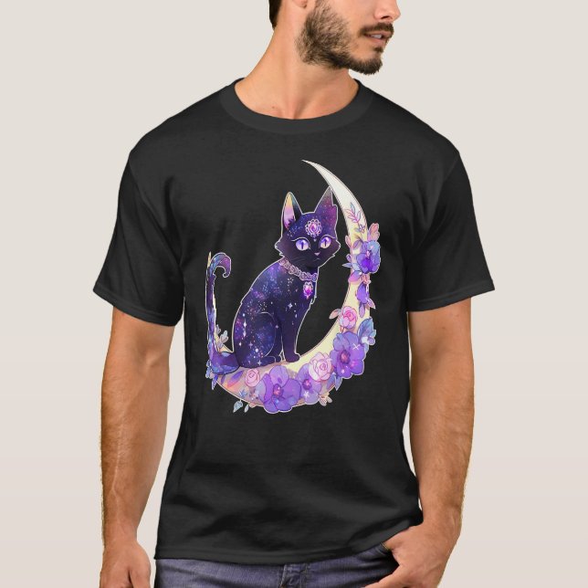 Black Cat Witch Crescent Måne Witchy Crystal Paste T Shirt (Framsida)