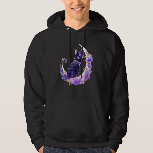 Black Cat Witch Crescent Moon Witchy Crystal Paste Hoodie (Framsida)