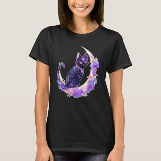 Black Cat Witch Crescent Moon Witchy Crystal Paste T Shirt (Framsida)
