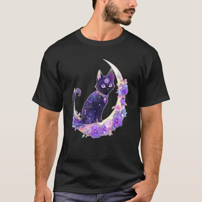 Black Cat Witch Crescent Moon Witchy Crystal Paste T Shirt (Framsida)