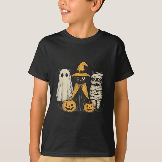 Black Cat Witch Ghost Y Halloween Pumpkin Men Kids T Shirt (Framsida)