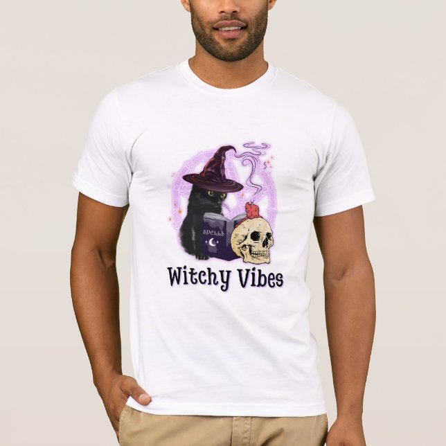 Black Cat Witch Halloween T Shirt (Framsida)