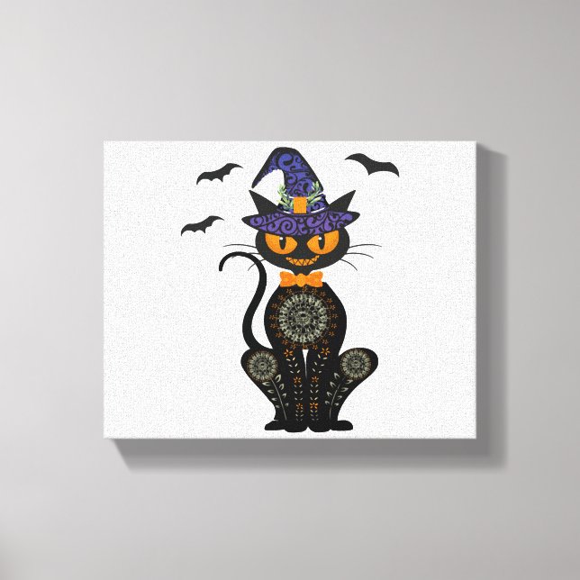 Black Cat Witch Halloween Tshirt Canvastryck (Framsida)