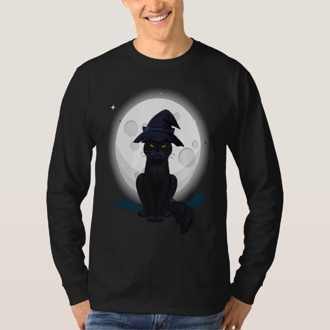 Black Cat Witch Hat Costume T Shirt (Framsida)