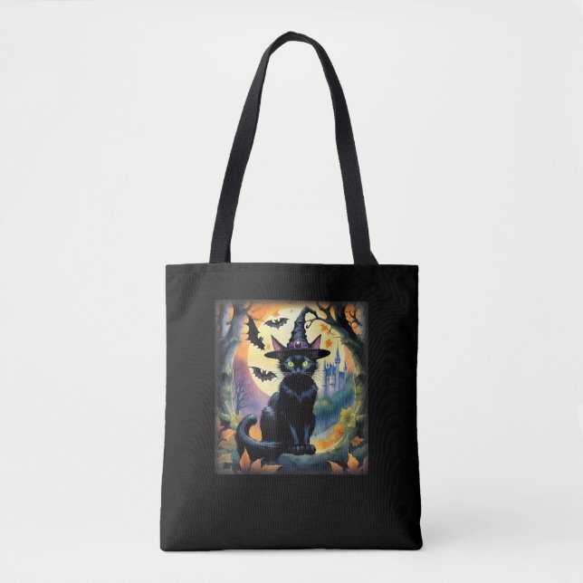 Black Cat Witch Hat Halloween Full Moon Fladdermus Tygkasse (Framsida)