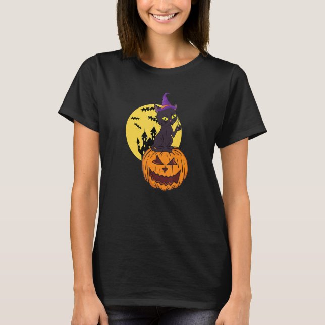 Black Cat Witch Hat Måne Pumpkin Halloween Costume T Shirt (Framsida)
