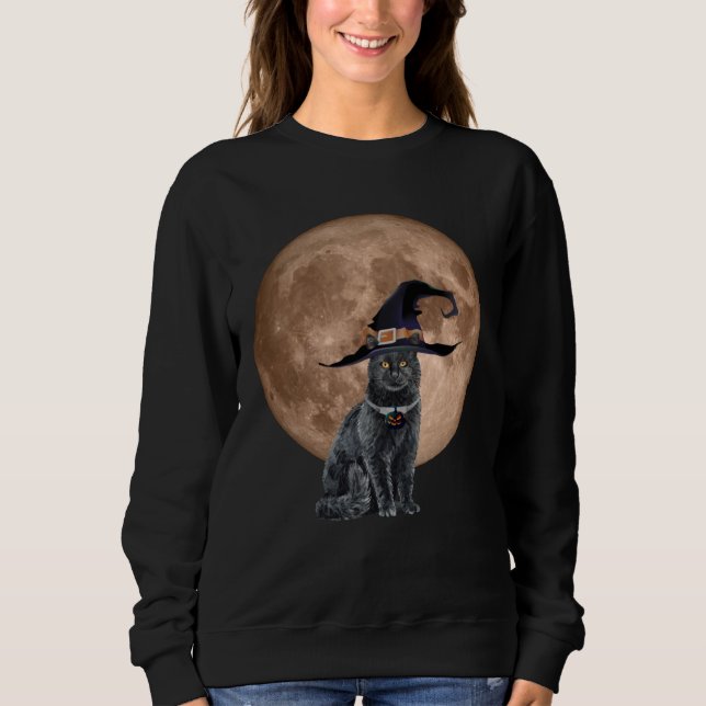 Black Cat Witch Hat Moon Halloween Scary and Fun C T Shirt (Framsida)