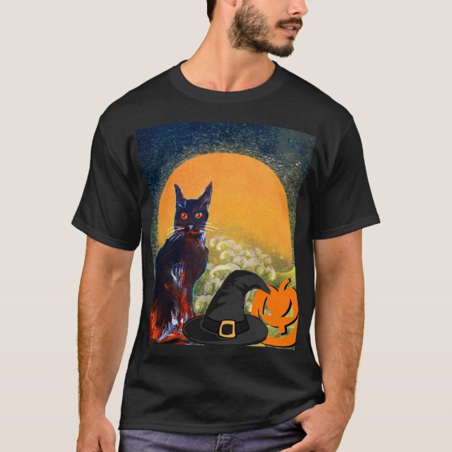 BLACK CAT,WITCH HAT OCH PUMPKINS HALLOWEEN FEST T-SHIRT (Framsida)