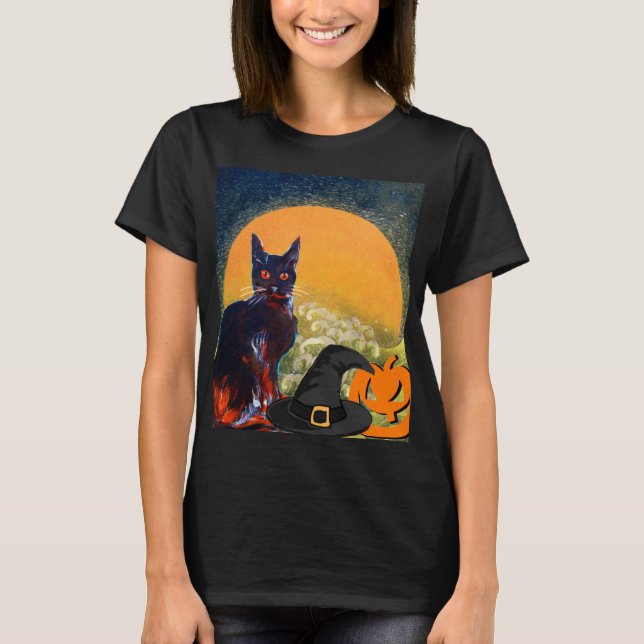 BLACK CAT,WITCH HAT OCH PUMPKINS HALLOWEEN FEST T-SHIRT (Framsida)