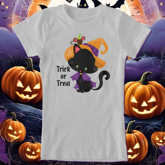 Black Cat Witch Hat Personalize Text Girl's T Shirt (Skapare uppladdad)