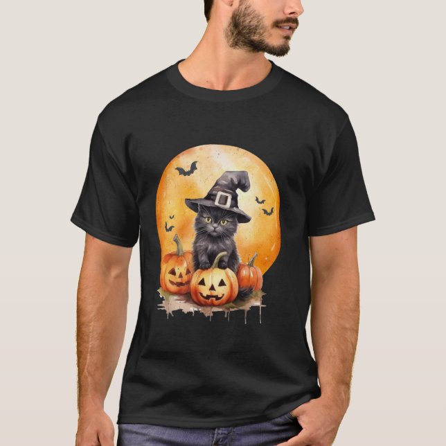 Black Cat Witch Hat Pumpkin för kvinnor Kids Girls T Shirt (Framsida)