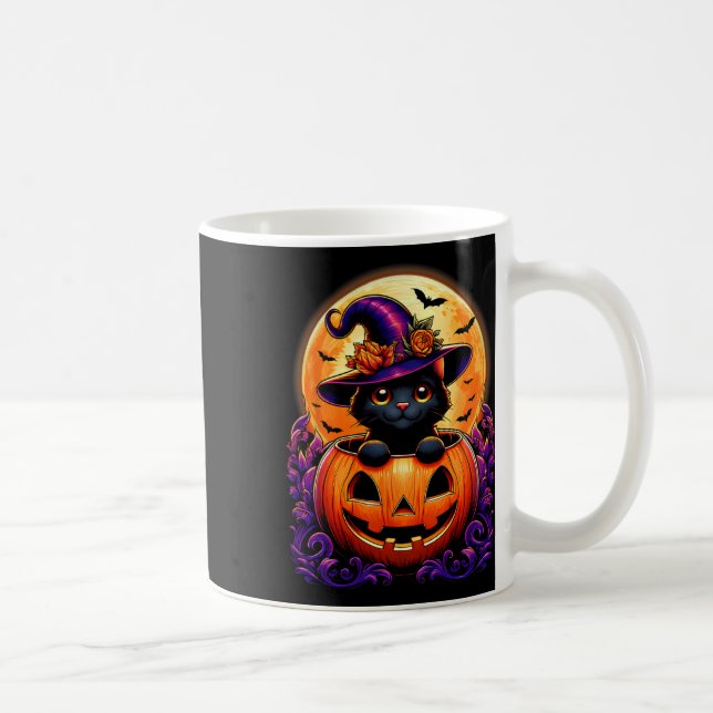 Black Cat Witch Hat Pumpkin Funny Halloween Manar  Kaffemugg (Höger)