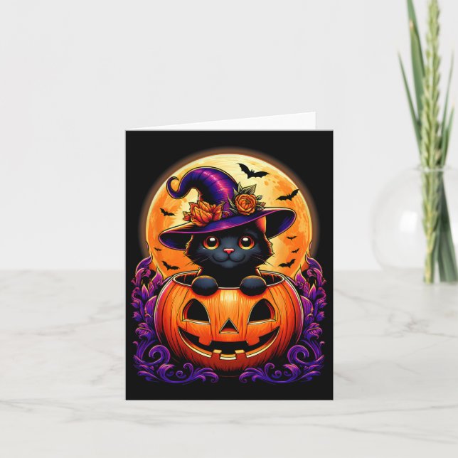 Black Cat Witch Hat Pumpkin Funny Halloween Manar  Kort (Framsida)