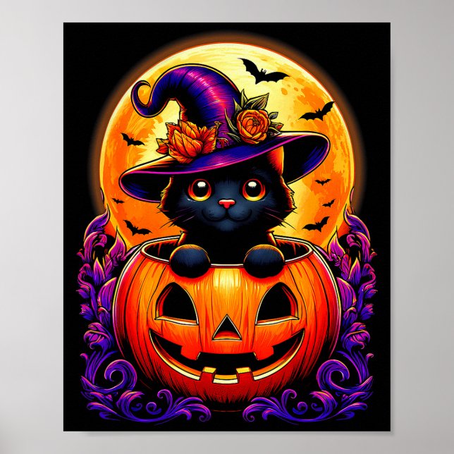 Black Cat Witch Hat Pumpkin Funny Halloween Men Wo Poster (Framsidan)