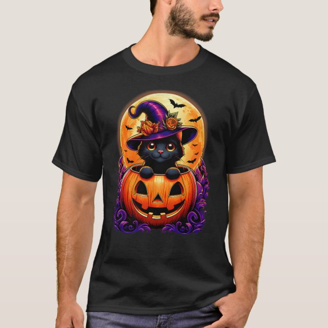 Black Cat Witch Hat Pumpkin Funny Halloween Men Wo T Shirt (Framsida)