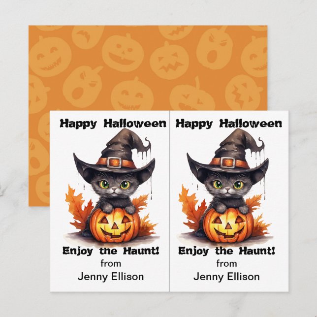Black Cat Witch Hat School Party Halloween-kort Vykort (Fram/baksida)