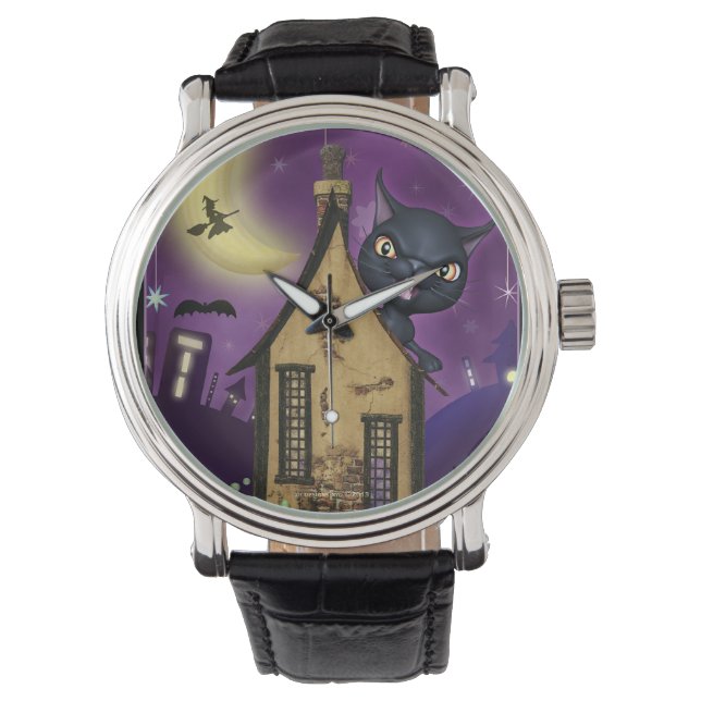 Black Cat Witch House Spooky Wrist Watch Armbandsur (Framsida)