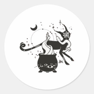 Black Cat Witch med Cauldron, Gothic Art Runt Klistermärke