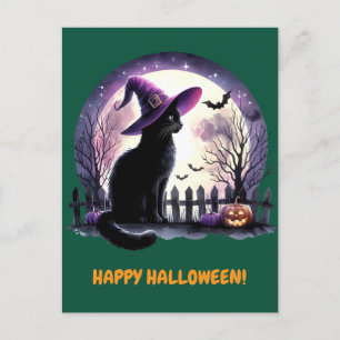 Black Cat Witch och Fladdermus Happy halloween Hel Helg Vykort