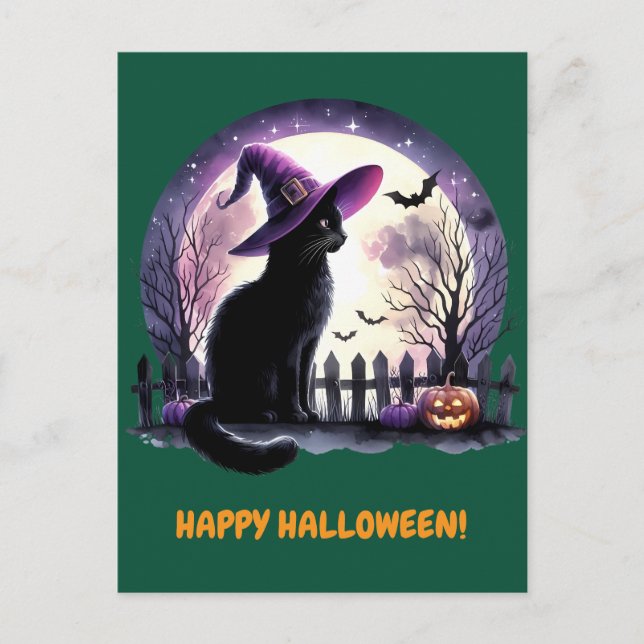 Black Cat Witch och Fladdermus Happy halloween Hel Helg Vykort (Framsida)