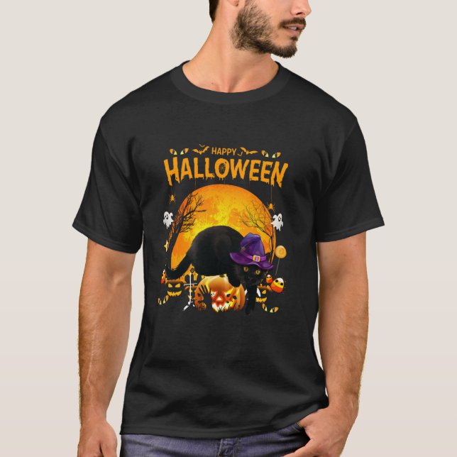 Black Cat Witch Pumpkin Halloween Girls Women Mana T Shirt (Framsida)